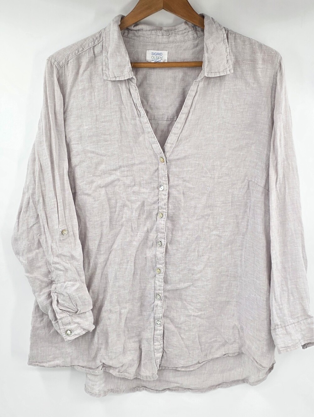 Sigrid Olsen 100% Linen Gray Vneck Button Down Roll Tab Sleeve Top Women's 1X